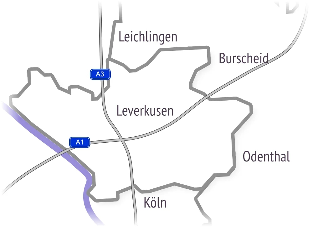 Karte Behandlungsgebiet Leverkusen (alle Stadtteile), Leichlingen, Burscheid, Odenthal und Köln (Norden)